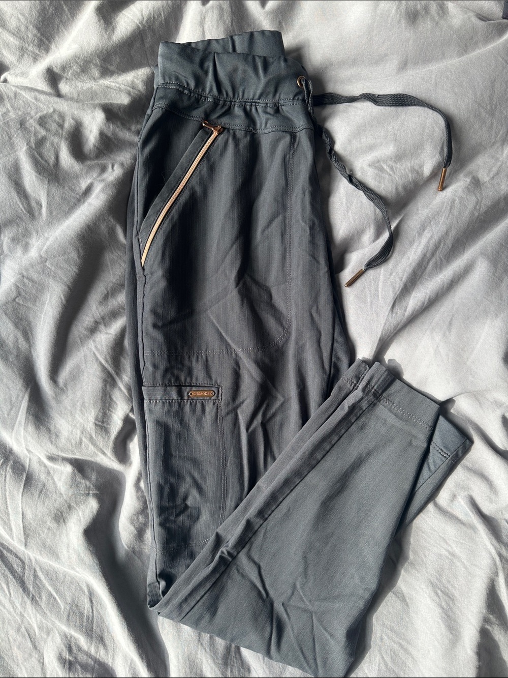 Women’s Gray Drawstring Jogger Pants, Rose Gold zipper. Buttery soft backside
